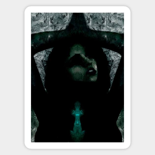 Portrait, digital collage, special processing. Beautiful but dark, like witch, woman. Tale. Dark green. Sticker by 234TeeUser234